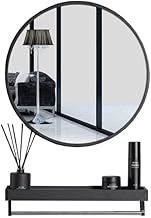 Modern Round Wall Mirror 80 cm – Bathroom Mirror with Black Frame and Shelf for Washbasin, Living Room and Bedroom