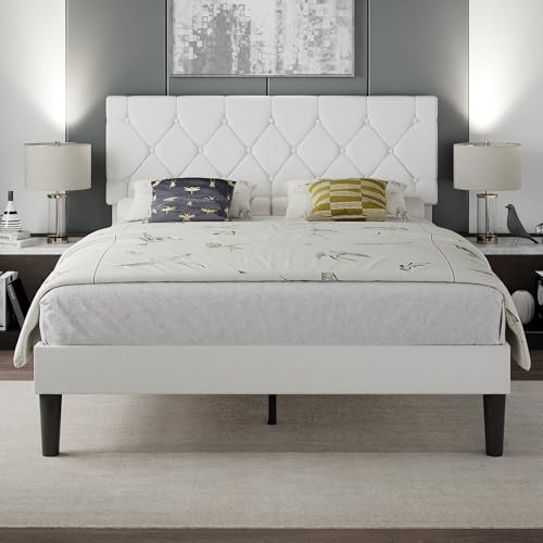 VECELO Queen Bed Frame with Upholstered Tufted Headboard, Pure White