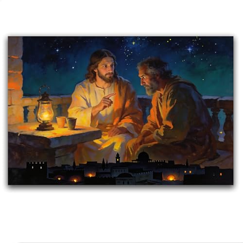 Biblical Canvas Print Religious Home Decor Jesus' Night Talk with Nicodemus Wall Art Christian Bible Verses for Living Room Bedroom Kitchen Bathroom Hallway Dining Room Spiritual Decor