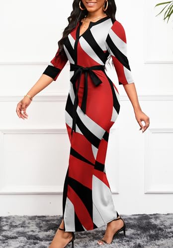 Image of Nmoder Maxi Dress for Women Long Church Cocktail Casual Dresses Colorblock Front Split 3 /4 Sleeve V Neck Pencil Dress