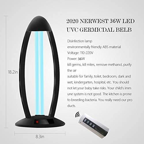 BOBOTATA Ultraviolet Germicidal Lamp UV Disinfection Light Mobile Quartz Tube 360 ° UV-C Cleaner Household Lamp 38W