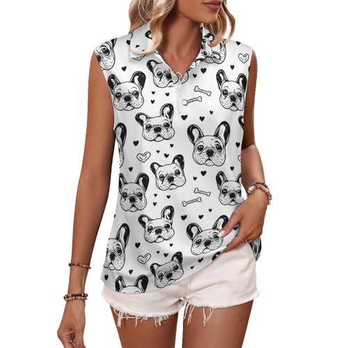 Camiseta sin mangas para mujer, camiseta de golf, bulldog francés, estampado de corazón, cuello en V, camiseta de tenis, Style-25, S