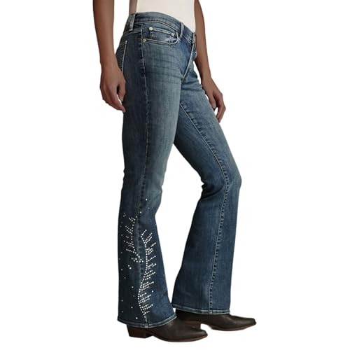 cffvdiz Bootcut Jeans para Mujeres de Cintura Alta Estiramiento Delgado Rhinestone Pierna Ancha Pantalones Vaqueros Occidentales,Azul,M