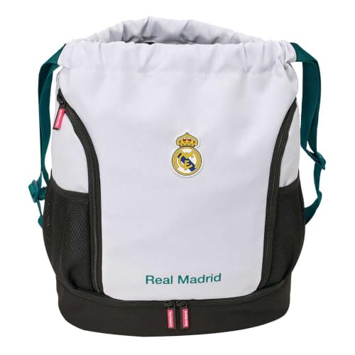 Safta | Saco Mochila Deportivo Real Madrid Equipación 26/27, Compartimento Inferior con Cremallera 2 Direcciones, Bolsillo Interior, Laterales de Red Portabotellas y Cremallera, Medidas 34x15x43 cm