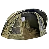 CARP ON - 1 Man Bivvy Fishing Tent With Peak Waterproof 210D Material Day Shelter - Quick Set Up With Bug Mesh Front Door PVC Viewing Panels - Heavy Duty Groundsheet Poles Pegs & Carry Bag [25-1811]
