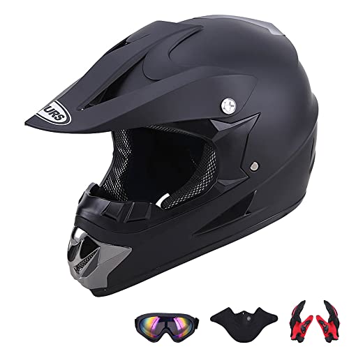 Oumurs Adult Dirt Bike Helmet With Goggles Gloves & Mask Adjustable Sun Visor Dot/Fmvss-218 Motorcycle Adult Atv Helmet Off-Road Motocross Downhill Moped Mx Bmx For Unisex-Adult-New Black, S #TOP4