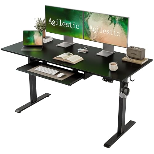 Image of Agilestic Height Adjustable Desk with Keyboard Tray, 55 x 24 Inches Electric Standing Desk, Stand up Computer Table with Memory Preset, Black