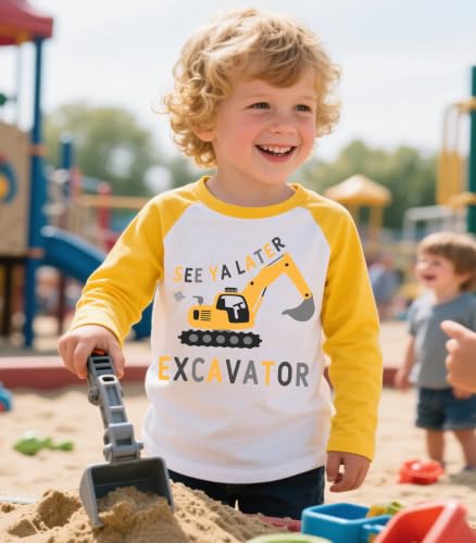 Image of Boys Construction Long Sleeve Raglan T-Shirt for 2-6 Years | Casual Tee For School, Holiday, Playdates Outdoor Trips, Cool Shirt for Truck-Loving Toddlers