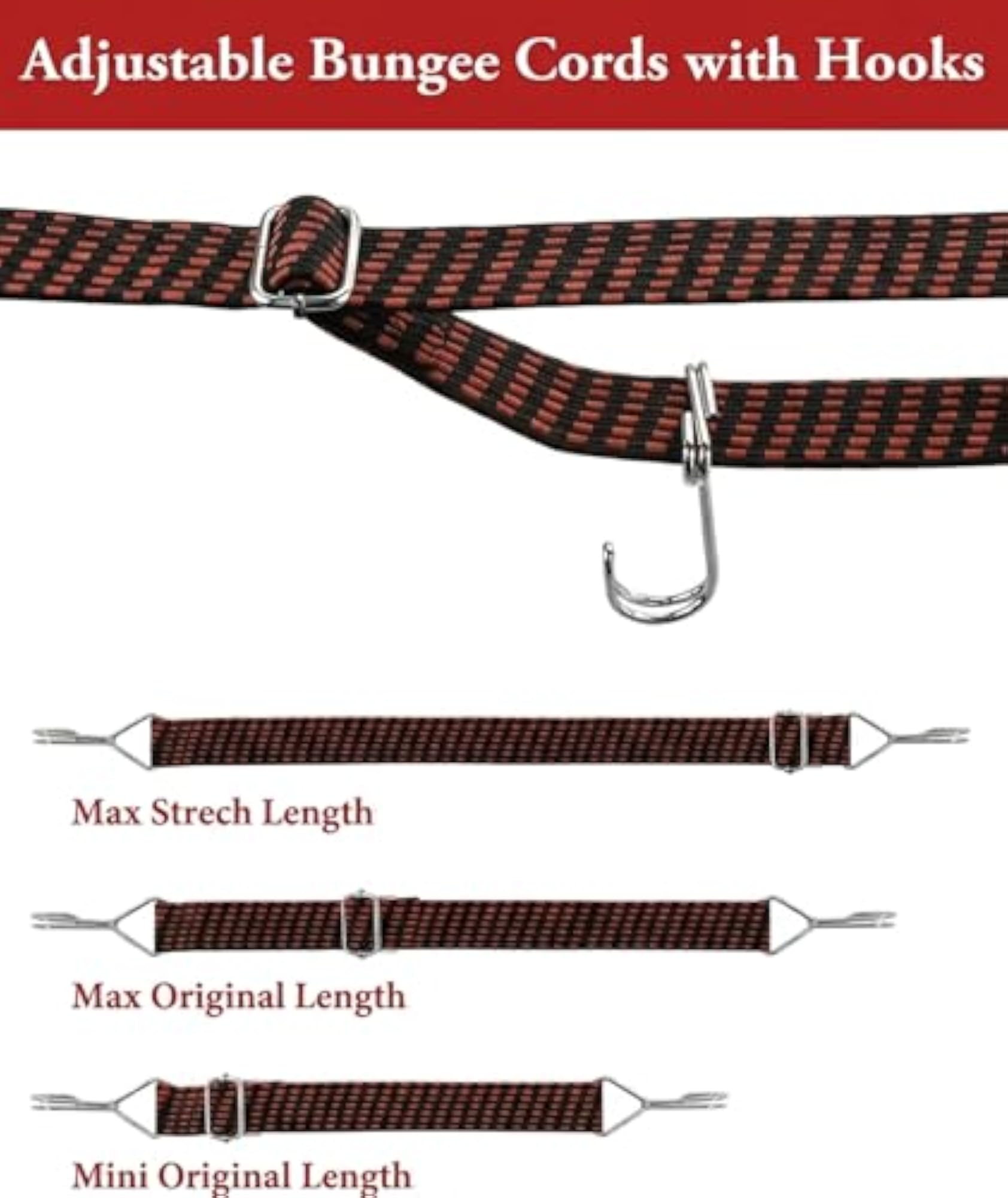2Pcs Adjustable Bungee Cords with Hooks, 1m