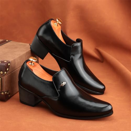 Men's Retro Leather Slip On Pointed Toe Chunky Block Heels Dress Loafers with Medium Top Comfort Non Slip Derby SHOS for Wedding Business Work Dating Party Prom Formal2