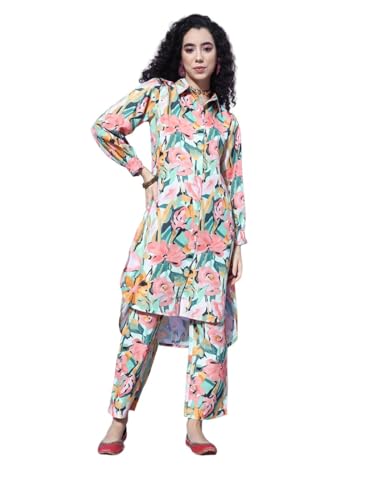 Kurta droite Varanga ensemble respirant orange à motif floral crème S
