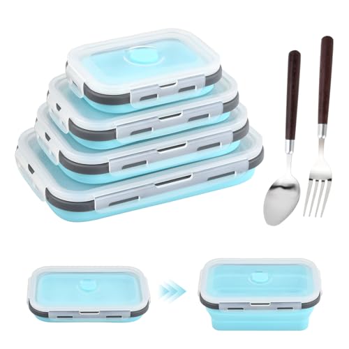 Astralong 4 Pièces Boîte à Lunch Pliante, Bento Pliables en Silicone avec Couverts, Nourriture Pliable Alimentaires, Lunch Box Rétractable Anti-Fuite pour Micro-ondes, Bureau Camping Pique-Nique