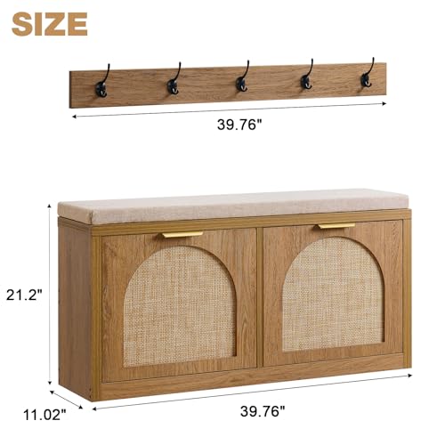 Rattan-Narrow-Entryway-Bench-with-Shoe-Storage-2-Flip-Drawers-Coat-Rack-Mid-Century-Modern-Wood-Shoe-Cabinet-with-Seat-Cushion-for-FoyerHallway-Rustic-Oak-Rattan
