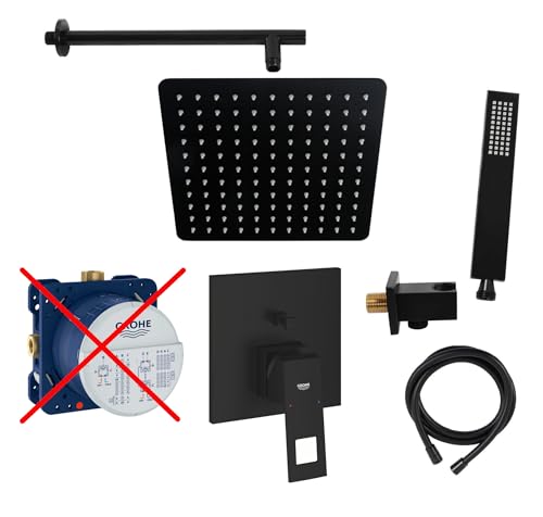 vanvilla Duschsystem mit Unterputz Duscharmatur von Grohe Eurocube Einhandmischer und vanvilla Regendusche mit Armatur, Duschkopf, Dusch-SET GS01-ob schwarz matt