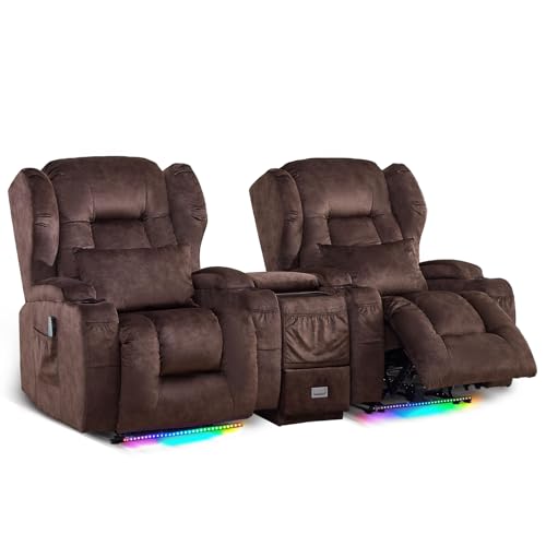 Image of DRMBOOK Power Recliner Chair, Electric Wall Hugger Reclining Sofa with Massage & Heat, Overstuffed Theater Seating with LED /USB /Cup Holders for Living Room (Velvet Brown, 2 Chairs with Console)