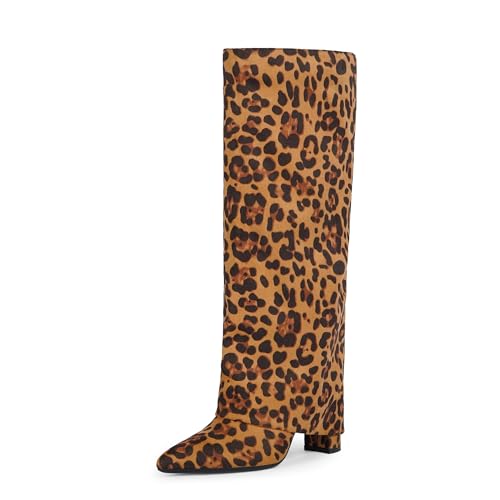 Image of Modatope Knee High Boots Women Fold Over Knee High Boots Chunky High Heels Long Boots Zipper Pointed Toe Dress Tall Boots for Women