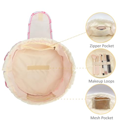 Large Barrel Drawstring Makeup Bag Travel Cosmetic Bag for Women - Portable Make Up Organizer Bag for Skin Care & Toiletries with Brush Holder & Pouch (Pink)4