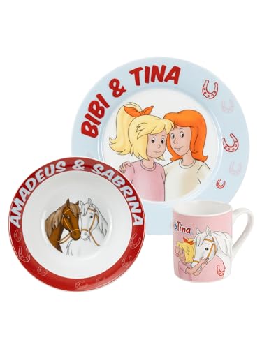 United Labels Bibi & Tina 3-Piece Crockery Set for Children, Red Blue, Porcelain Breakfast Set with Plate Diameter 19 cm, Cup 220 ml and Bowl 330 ml, Children's Crockery