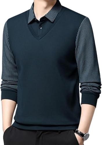Men's Striped Lapel Fake Two-Piece Shirt Long Sleeve, Fake 2-Piece Knitted Shirt, Business Casual Shirts for Men