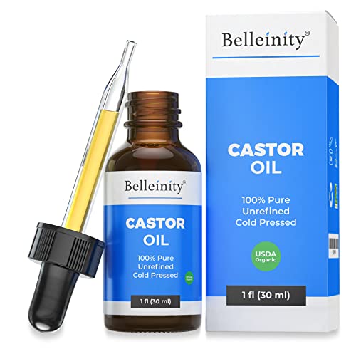 Belleinity Organic Castor Oil - Unrefined, Cold Pressed Eyelash, Eyebrow Growth Serum - Promotes Nail, Hair Strengthening, Thickening, Moisturizing - 30ml Dropper Bottle