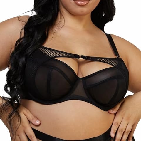 ANGABRIEL Sheer Mesh Bra for Women Black Fishnet Panelled Balconette Bra Undwired Unlined Lace Bra (US, Cup Band, G, 32, Black-2083) Cover