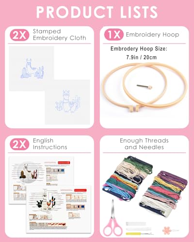 Image of TINDTOP Embroidery Kit for Adult Beginners, Embroidery DIY Starter Kit | 2 Pack with Alpaca Stamped Patterns, Hoop, Tools, Colorful Threads with Needles, Instructions