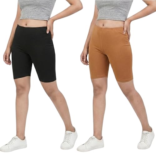 Image of Women's Cotton Lycra Cycling Shorts | 95% Cotton 5% Spandex | Stretchable Knee Length Tights for Gym, Yoga & Sports