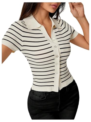 Floerns Women's Striped Short Sleeve Lightweight Cardigan Button Up Sweater Tops2