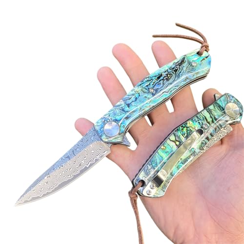 Obespina Couteau Pliant Poche Damas luxe Acier 67 Couches VG10 Damascus Lame Tranchante Manche Abalone Nacre Collection Cadeau Homme edc Custom Artisanat Femme Linerlock Edc