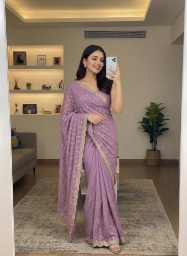Image of RADHA Women's Embroidery Work Saree with Designer Border for Festive and Traditional Ethnic Drape Saree with Detailed Thread Style Pattern and Elegant Occasion Look