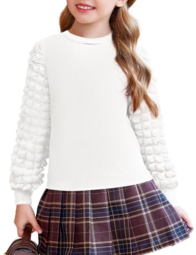 Arshiner Niñas Camiseta de Manga Larga Mangas Abullonadas Niños Algodón Camiseta Cuello Redondo Suéter Casual Elegante Otoño Invierno Manga Larga para Niñas 5-6 años Blanco