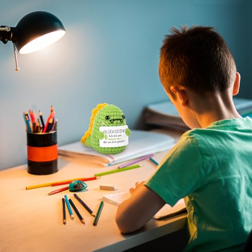 HUKUMA Positive Geschenke Dino Kuscheltier,Gehäkeltes Emotional Support Geschenk,Positives Dinosaurier,Stress Relief Gifts,Positive Crochet Animals,Pocket Hug Dinosaur Support Mental Health