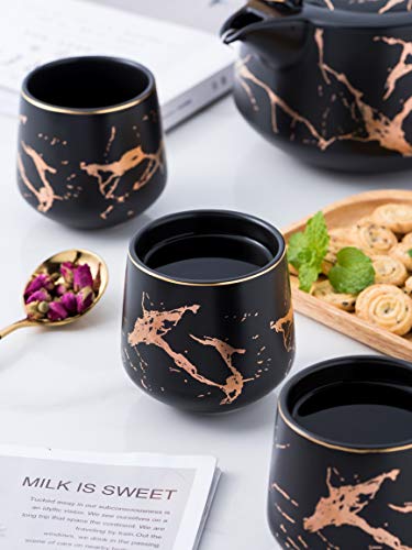 Jusalpha Marble Porcelain Teapot Set Modern Japanese Tea Pot With Infuser For Loose Tea, 4-Piece Tea Cups (6.7 Oz) With Bamboo Tray - Tea Cups Set For Home And Restaurant, Fdjpt4 (Black) #TOP7