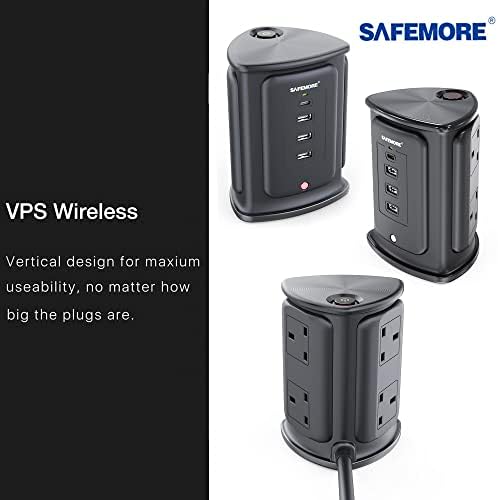 SAFEMORE Tower Extention Lead Vertical Power Plug 2M Cable 4 USB Ports (1 USB C and 3 USB A), 4 Electrical Plugs and 10W Wireless Charging Surface, Surge Protection - Black