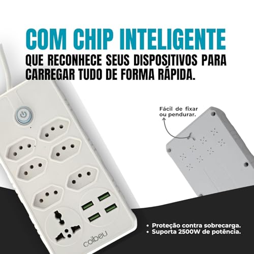Filtro de Linha, Extensão Elétrica, Régua Tomada, Régua de Energia, 6 Tomadas, 4 USB, 1 Tomada Unive