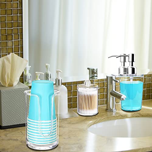 Mouthwash Dispenser With Bathroom Cup Holder For 3Oz- 5Oz Disposable Paper Cup, Qtip Cotton Swads Storage Organizer Set Plastic Clear Countertop 13Oz Pump Bottle For Soap Acrylic Cotton Pad Container #TOP5