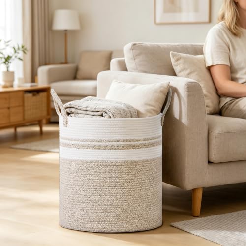 Image of 72L Large Tall Cotton Rope Laundry Basket with Handles, White & Brown