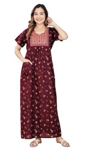 Image of DIAMO Pure Cotton Embroidery Nighty for Women, Cotton Night Gown, Night Maxi Gown, Cotton Nighty with a Pocket and Adjustable Knot