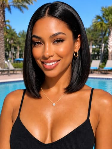 Image of KLAIYI Yaki Straight Bob Wig Human Hair Glueless Precut 7x5 Lace Wig 14Inch | Bye Bye Slip Drawstring 180% Density Pre Plucked Bleached Knots Pre Eeverything Lace Front Wigs 30S Ready to Wear and Go Wig