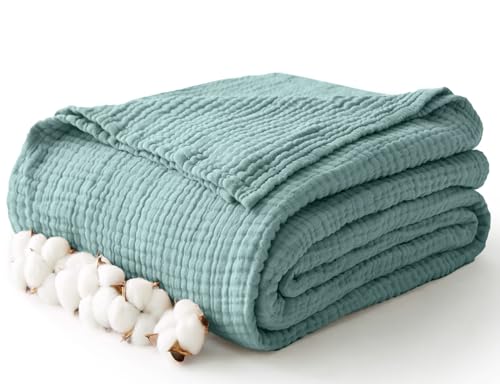100% Cotton Muslin Blanket Twin XL 66" x 90", Breathable and Cooling Bed Blankets, Soft Boho Bedspread, Gauze Bedding for Adults All Season, Turquoise, Teal