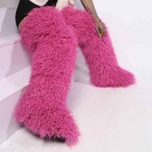 Image of Black Thigh High Fur Boots, Over the Knee Fluffy High Boots, Tall Furry shoes for Women