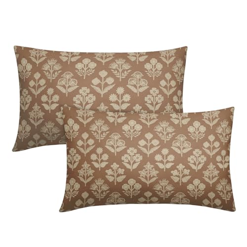 Sivirary Brown Pillow Covers 12x20 Inch Set of 2, Cream Floral Block Print Pattern Lumbar Decorative Throw Pillowcases Outdoor Farmhouse Rectangle Cushion Covers Spring Summer Sofa Couch Bed Decor