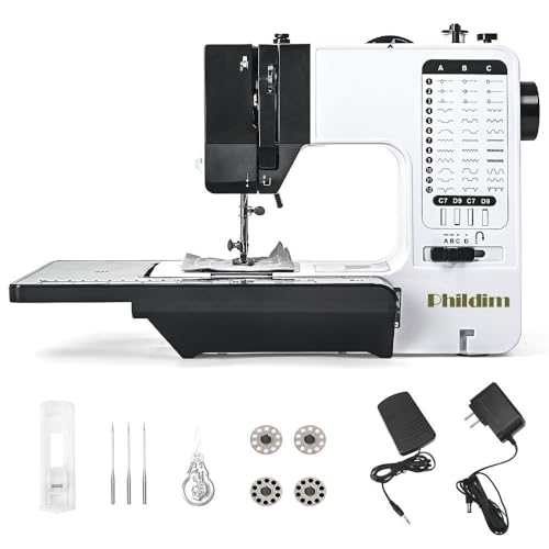 Mini Sewing Machine by Phildim (Extension Table included), Small Portable Sewing Machine, Adult Mending Machine with 38 Built-In Stitches, Reverse Sewing and LED Light PD-056-A18