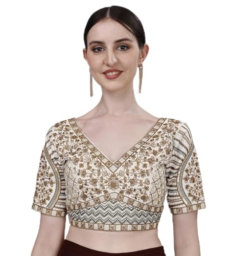 Image of Pujia Mills Mills Women's Fancy Readymade Heavy Coding Embroidary Worked Half Sleeve Multicolor Saree Blouse(Mushroom)