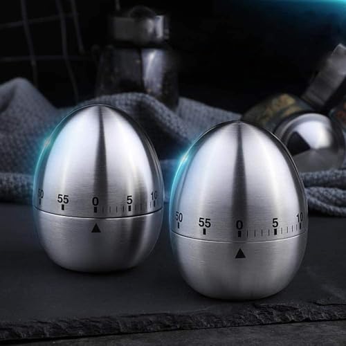 Image of Mechanical Egg-Shaped Kitchen Timer 60-Minute Countdown - Stainless Steel Cooking Alarm, Manual Wind-Up, Loud Ring Reminder for Baking & Cooking