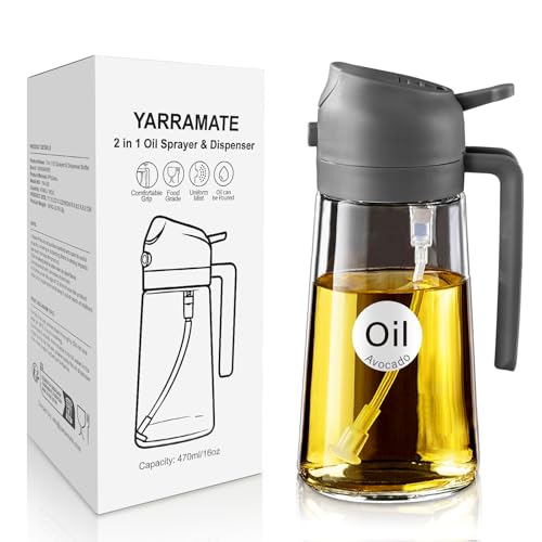 YARRAMATE 2 in 1 Ölsprüher für speiseöl, 470 ml Öl Sprühflasche lebensmittelecht, Ölspray zum Kochen, Hochwertiger Öl Zerstäuber für die Küche, Ölflasche Perfekt zum Kochen, Backen, Grillen (05_Grau)