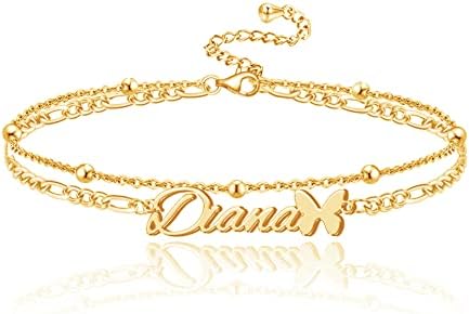 EXTREQODA Personalized Name Ankle Bracelets for Women Stainless Steel Layered Anklets Customized Gifts for Women 8.7”-10.7”