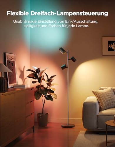 Nahaufnahme der drei individuell einstellbaren Lampenköpfe der Govee Stehleuchte.
