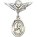 Sterling Silver Baby Badge with St. Sebastian/Track & Field Charm and Angel w/Wings Badge Pin 7/8 X 3/4 inches
