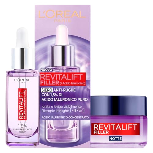 L'Oréal Paris Siero Viso Revitalift Filler Azione Rimpolpante + Crema Viso Trattamento Anti-Rughe Rivolumizzante Notte - 2 Trattamenti con Acido Ialuronico